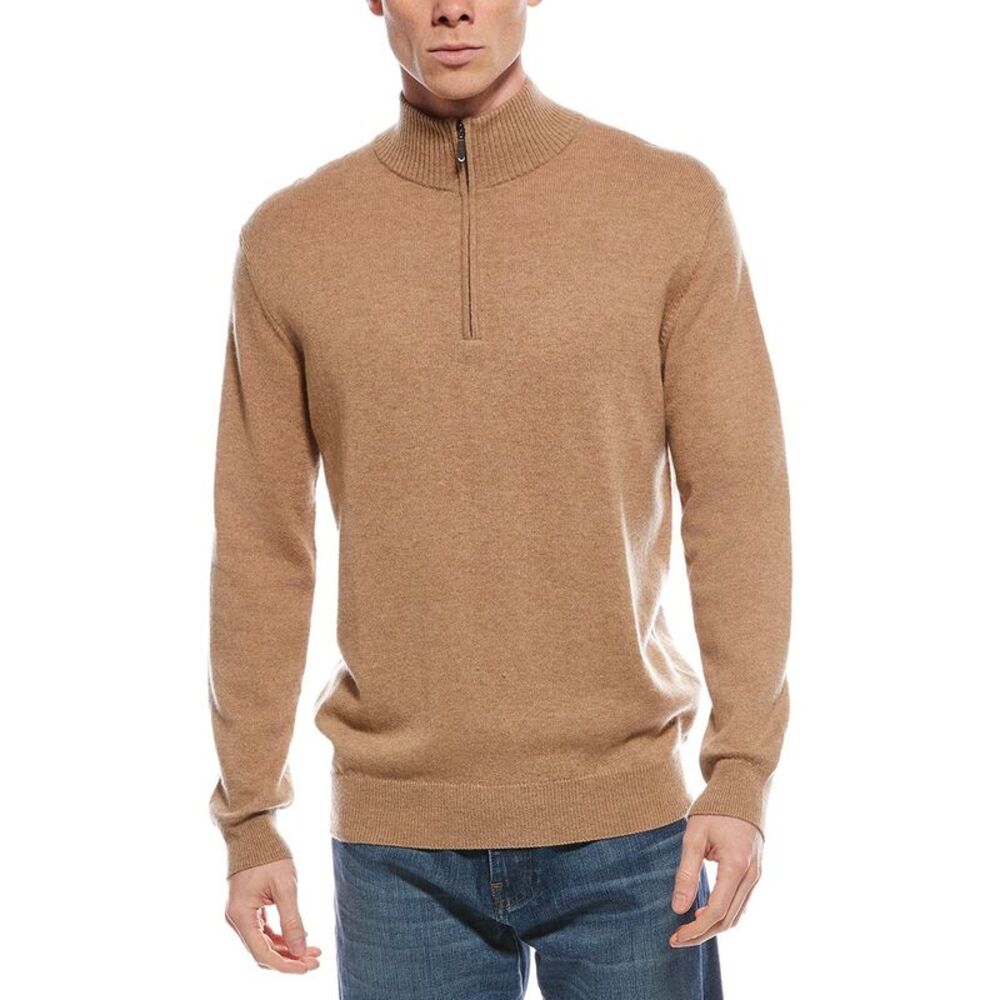 Forte Mens  Cashmere Mock Neck Cashmere 1/4-Zip Sweater, Brown